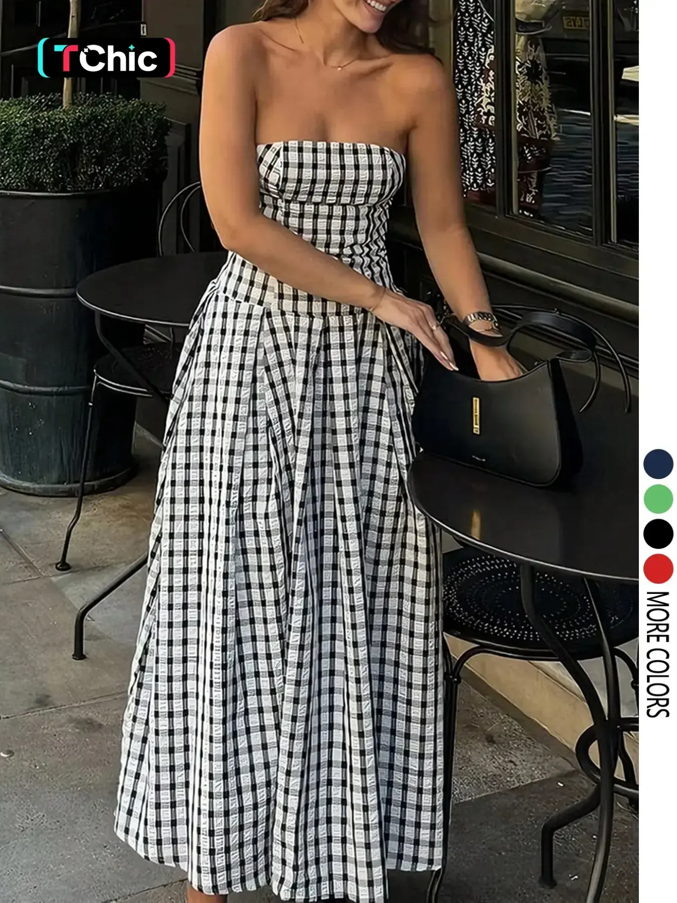 Women's Plaid Pleated Casual Chic Elegant Strapless Maxi Tube Dress