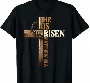 Cotton Short Sleeve T-Shirt Easter Cross He lsRisen Jesus Christian Men Kid Youth T-Shirt