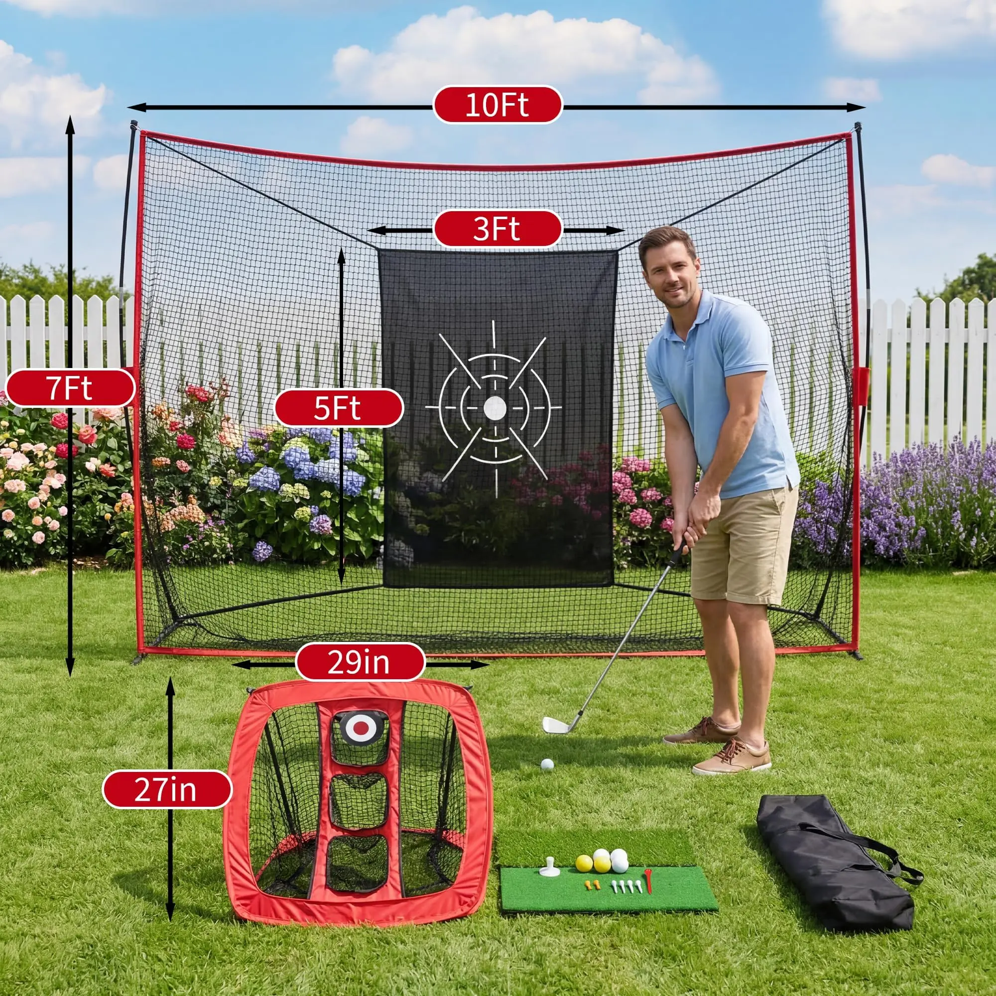 10×7.5FT Heavy-Duty Golf Practice Net for Real Balls, Swing Training Net with Side Barriers & Target Screen, Complete Training Kit for Backyard & Garage patio chairs view mirror Happy Halloween Letter Balloon Set silver gray garden lawn all-weather use