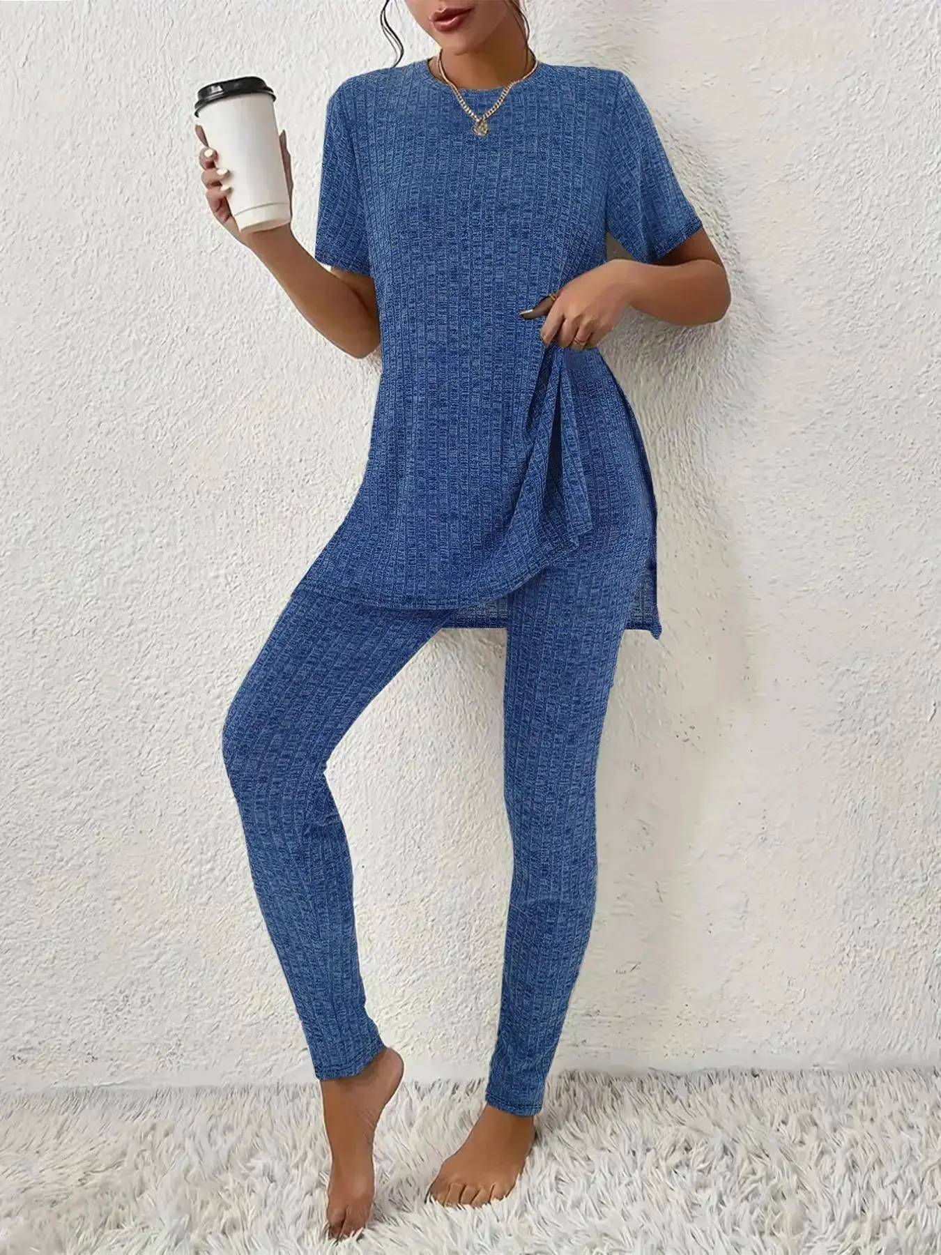 Women's Solid Color Top & Leggings Two-piece Set, Casual Fashion Cozy Fitted Top & Skinny Pants for Daily Outdoor Wear, Ladies Summer Clothes Outfits, Casual Matching Set