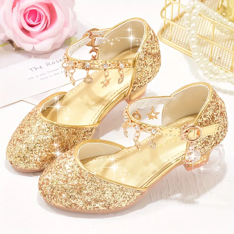 Girls' Sparkling Crystal Princess Sandals, Synthetic PU Leather Closed-Toe High Heels with Embellishments for Parties, Dance Performances, Closed Toe Heels