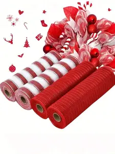2pcs Red And White Decorative Mesh Ribbbon Rolls,Christmas Tree Metallic Mesh Ribbon,Metallic Foil Poly Mesh Ribbon,For Wreaths Christmas Tree Ribbon Door DIY Craft Halloween Decor Wedding Party Supplies For Wreath Supplies Front Door Craft Tree Decor Chr