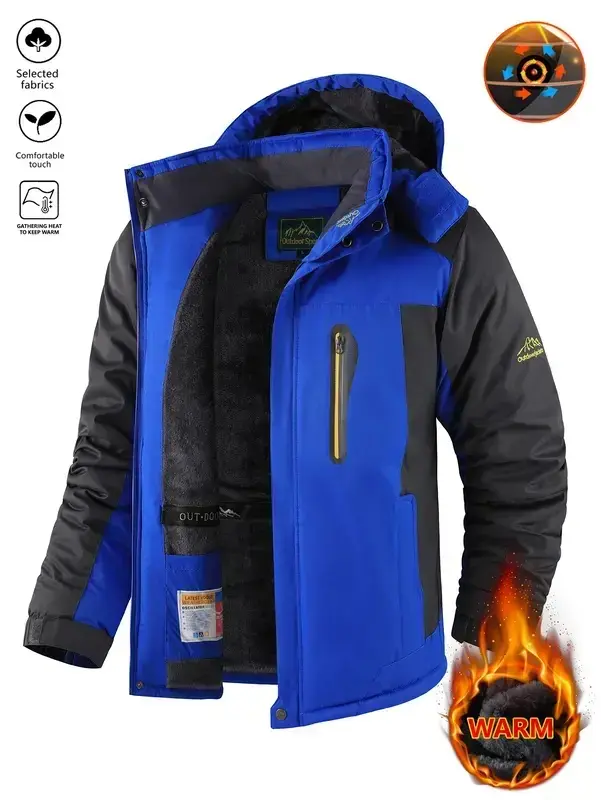 Unisex Water-Resistant Hooded Snow Jacket, Normal Type Polyester Fiber Outdoor Apparel with Thermal Fleece Lining for Skiing & Snowboarding, Windproof Outerwear, Sports Jacket, Synthetics
