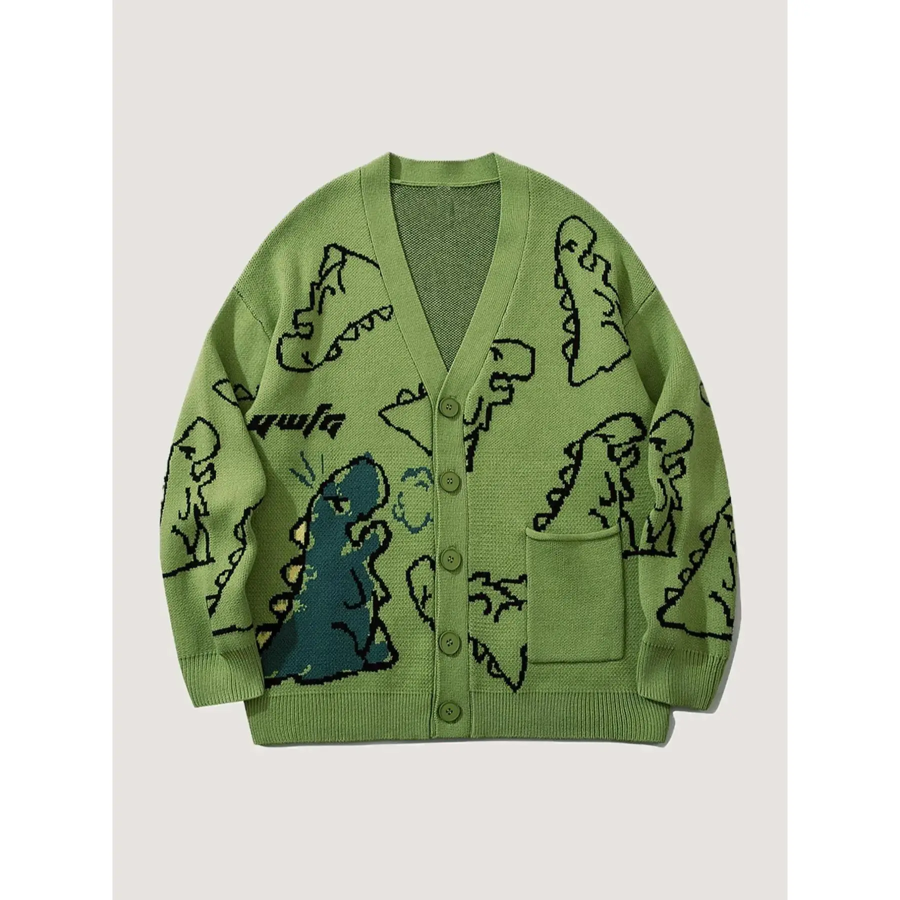 Men's cardigan with cartoon dinosaur print, front button closure, loose fit, casual V-neck, long sleeves, autumn fashion, stylish men's casual knitwear, graphic sweater, casual chic knitwear, cardigans.