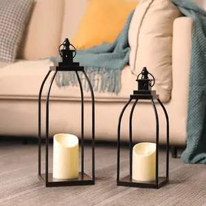 Modern Farmhouse Lantern Decor Outdoor & Indoor- 17'' 14'' Black Metal Candle Lanterns for Christmas, Lanterns Decorative with 2 Flameless Candles for Porch,Patio,Home,Fireplace Mantle Decor