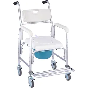 TikTokShopBlackFridayVEVOR Bedside Commode Chair with Wheels, 350 lbs Capacity, 4-in-1 Portable Toilet and Raised Toilet Seat with Padded Seat/Backrest/Flip-up Footrest, Detachable 5L Bucket, Shower Wheelchair for Seniors