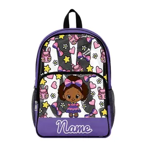 Personalised Girls Clear School Backpack with Name, Cute Doll Bow Heart Print PVC Book Bag, Lightweight Multi Compartment Rucksack for Nursery and Primary, Purple Large Capacity Back to School Bag with Side Mesh Bottle Pockets