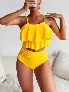 Swim Summer Beach Ruffle Hem Ruched High Waisted Bikini Set cupshe woman summer beach bikini