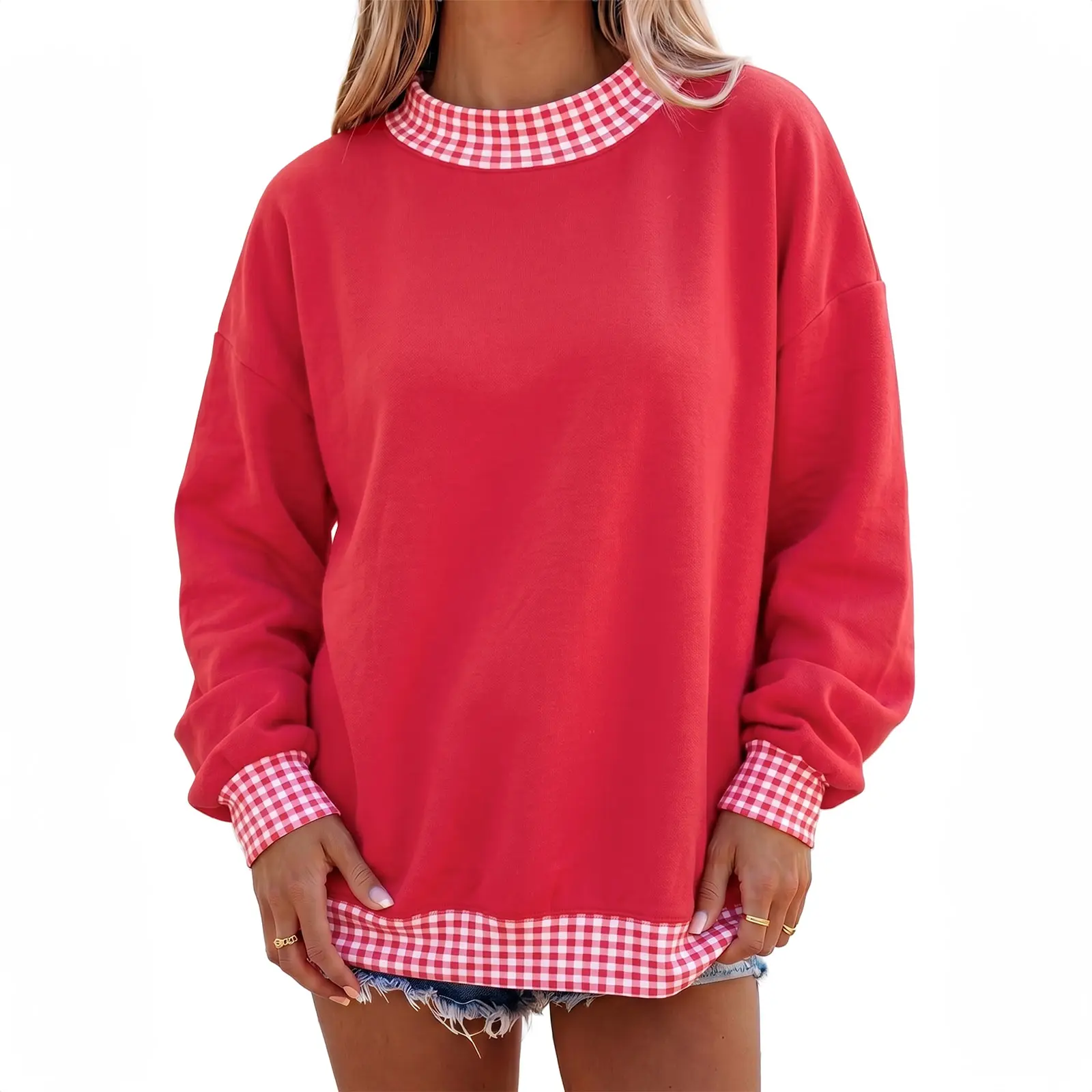 Asvivid Women Colorblock Plaid/ Polka Dot Contrast Trim Oversized Sweatshirt Mock Neck Comfy Chic Relaxed Fit Tops Casual Daily Top