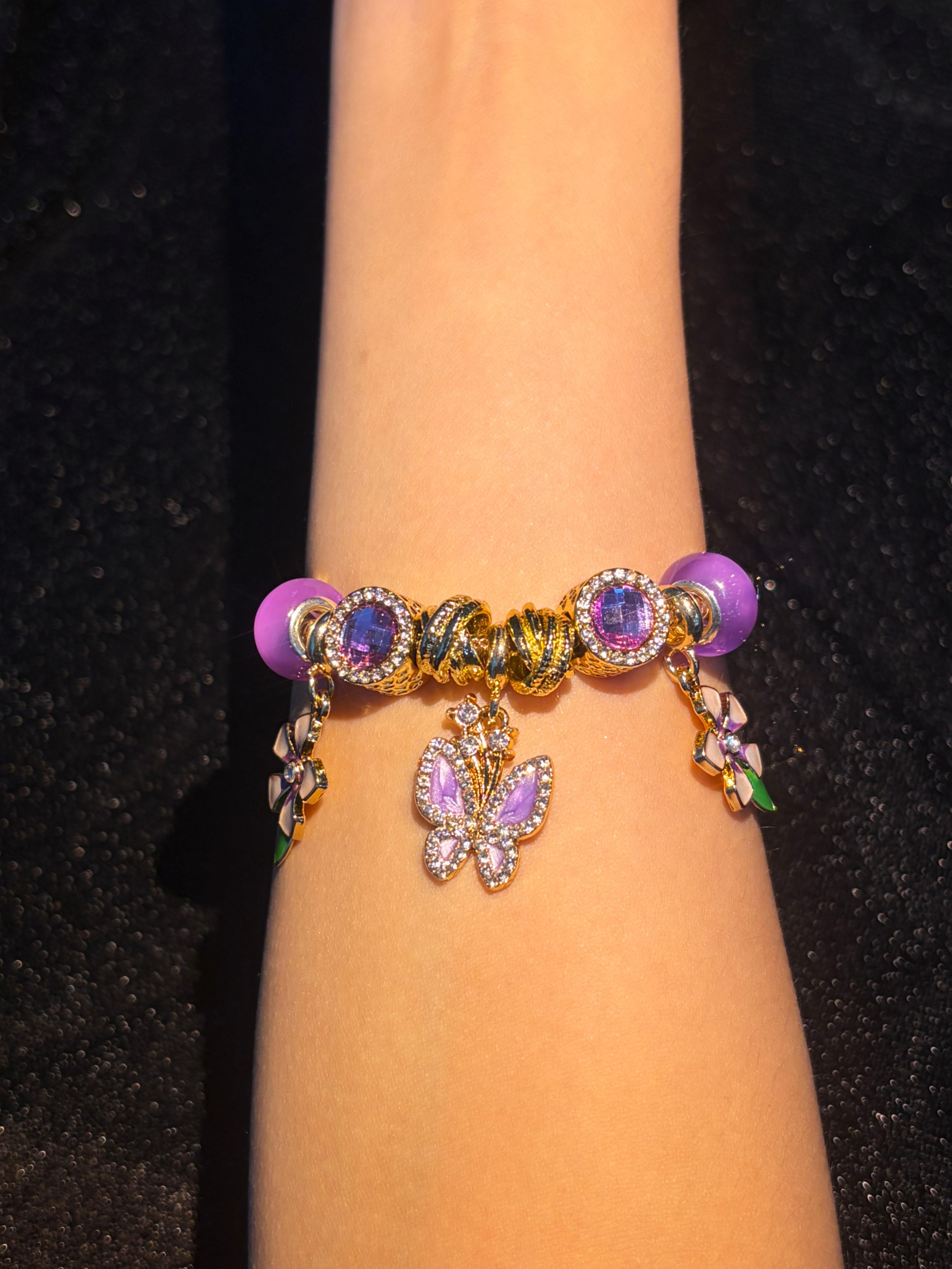 Vintage Gold Tone Snake Chain Charm Bracelet, Purple Crystal Butterfly & Enamel Flower Dangle Charms Beaded Bracelet, Hypoallergenic Stackable Statement Jewelry, Women Girls Daily Party Gift Bracelet