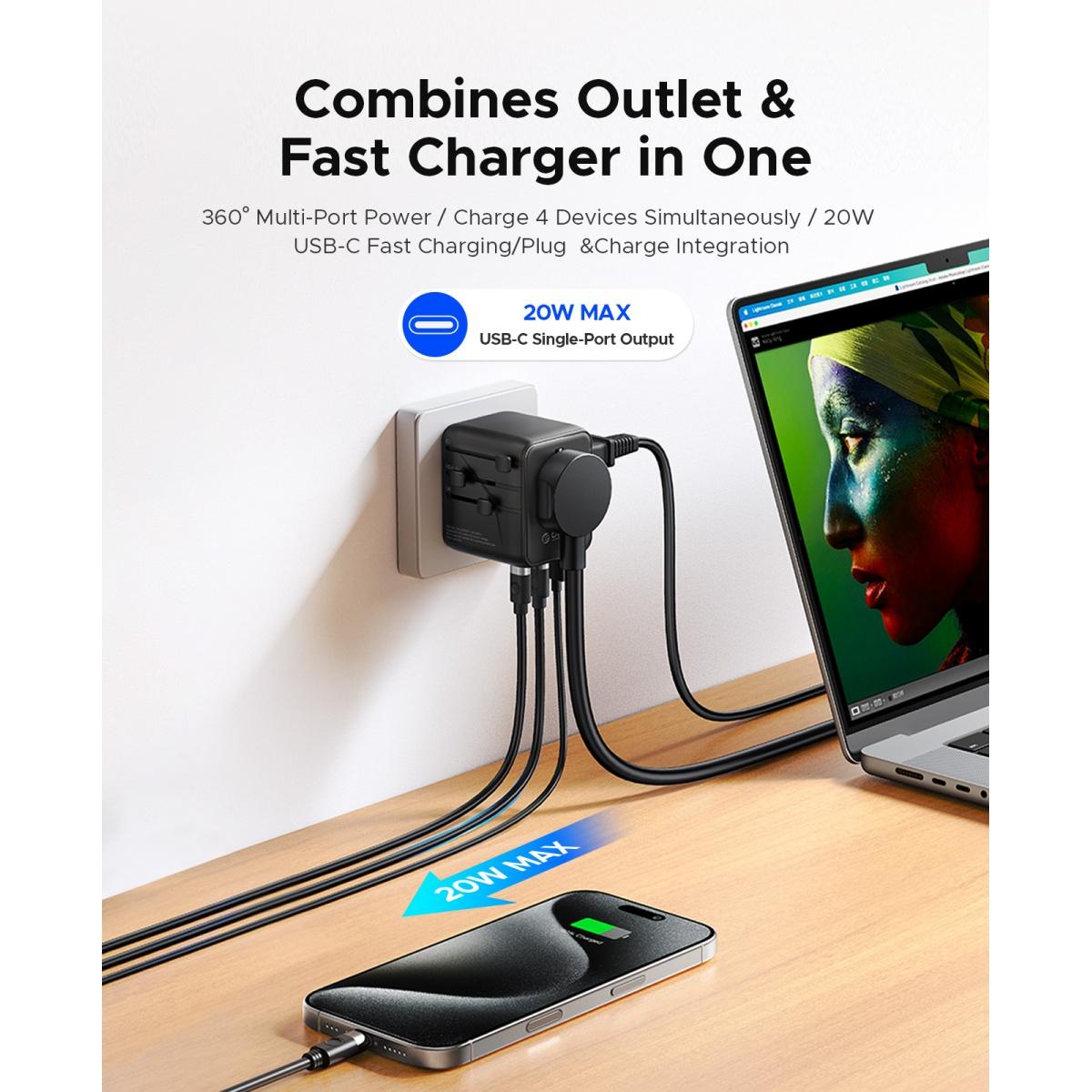 ORICO Universal Travel Adapter, USB C Fast Charging Plug Adapter Compatible with USA & Europe (UA AC) -UA