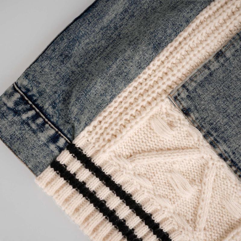 LikeMyChoice Unique Denim Patchwork Cable Knitted Coat Soft Breathable Medium Fit Sweater Jacket for Casual Outings Women's Knitwear Cardigan