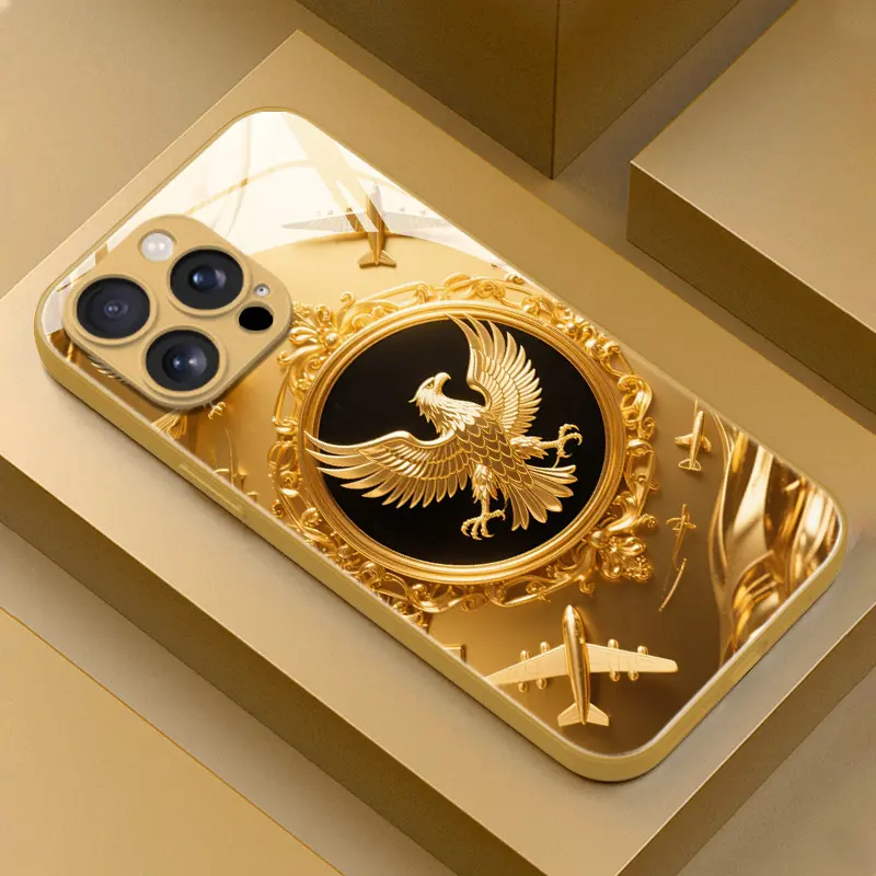 Eagle golden airplane collage high-end pattern glass phone case suitable for iPhone 17 16 15 14 13 12 11 Pro Max Plus, trendy and fashionable, beautiful and luxurious, premium protective cover