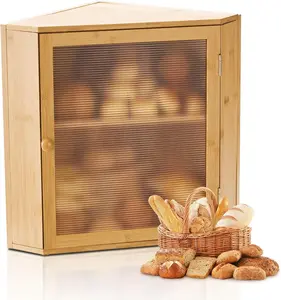 VEVOR Corner Bread Box for Kitchen Counter, Double Layer Large Capacity Bamboo Bread Storage Container, Farmhouse Wooden Breadbox for Homemade Bread, Storage Holder Bin with Acrylic Wavy Door, Natural
