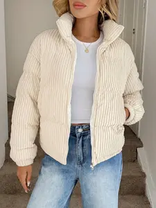 Beige Zip Up Corduroy Padded Coat for Women - Casual Long Sleeve Jacket with Pockets & Regular Length - Polyester Outerwear for Winter Fabric Fit Womenswear Tops Zipper Basic Minimalist