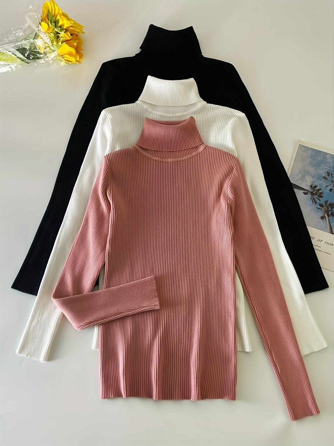 Women's 3-Pack Long-Sleeve Knitted Turtleneck Pullover Sweaters - Solid Color, Casual Fall Winter Basic High-Neck Clothes