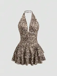 Sweetra Leopard Print Deep V Neck Backless Ruched Ruched Hem Mini Dress, Simple Casual Resort Elegant Everyday Cocktail Dress For Women, Spring/Summer