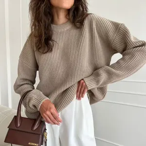 European and American style loose-fit autumn and winter new round-neck fashion pullover sweater for women, solid color, versatile and loose