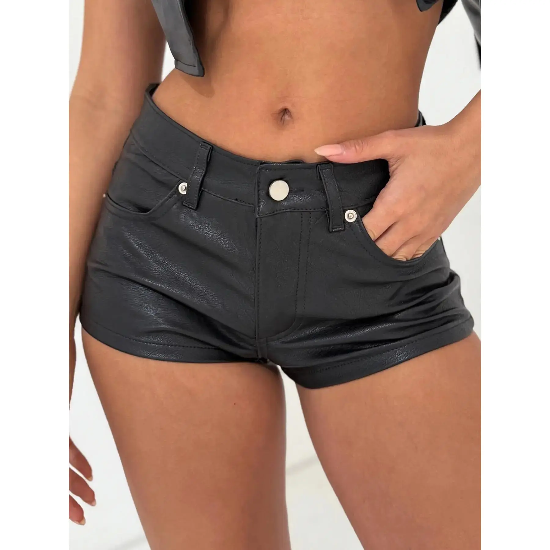 Women's PU Leather High Rise Shorts, Casual Fashionable Shorts, Fitted Fashion Shorts, Slim-Fit Street Style Nightclub Party Wear, Plain Pattern, Button Fly Closure, All Seasons Fashion