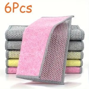 6-Pack Multi-Purpose Steel Wool Dish Cloths - Scratch-Resistant, Double-Layered, Reusable Kitchen Cloths, Gray, Pink, Yellow - Easy to Clean, Non-Slip, Suitable for Wet and Dry Use