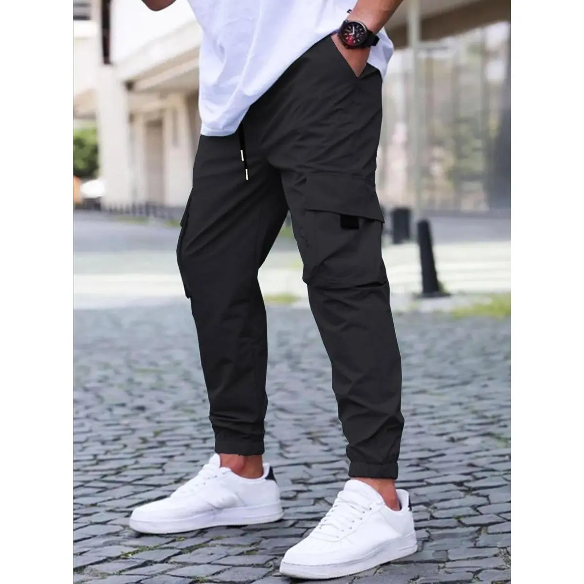 Men's Drawstring Waist Cargo Pants, Regular Fit, Casual Pants with Pockets for Spring and Autumn, Fashionable Men's Daily Wear Pants