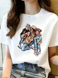 Vintage Graphic Print T-Shirt For Women Oversized Short Sleeve Cotton Tee Soft Breathable Casual Top Mom Kids Family Love Design Mother's Day Gift School Wear Womenswear