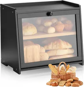 VEVOR Double Layer Bread Box for Kitchen Counter, Large Capacity Bamboo Bread Storage Container, Farmhouse Wooden Breadbox for Homemade Bread, Storage Holder Bin with Acrylic Wavy Door Panel, Black