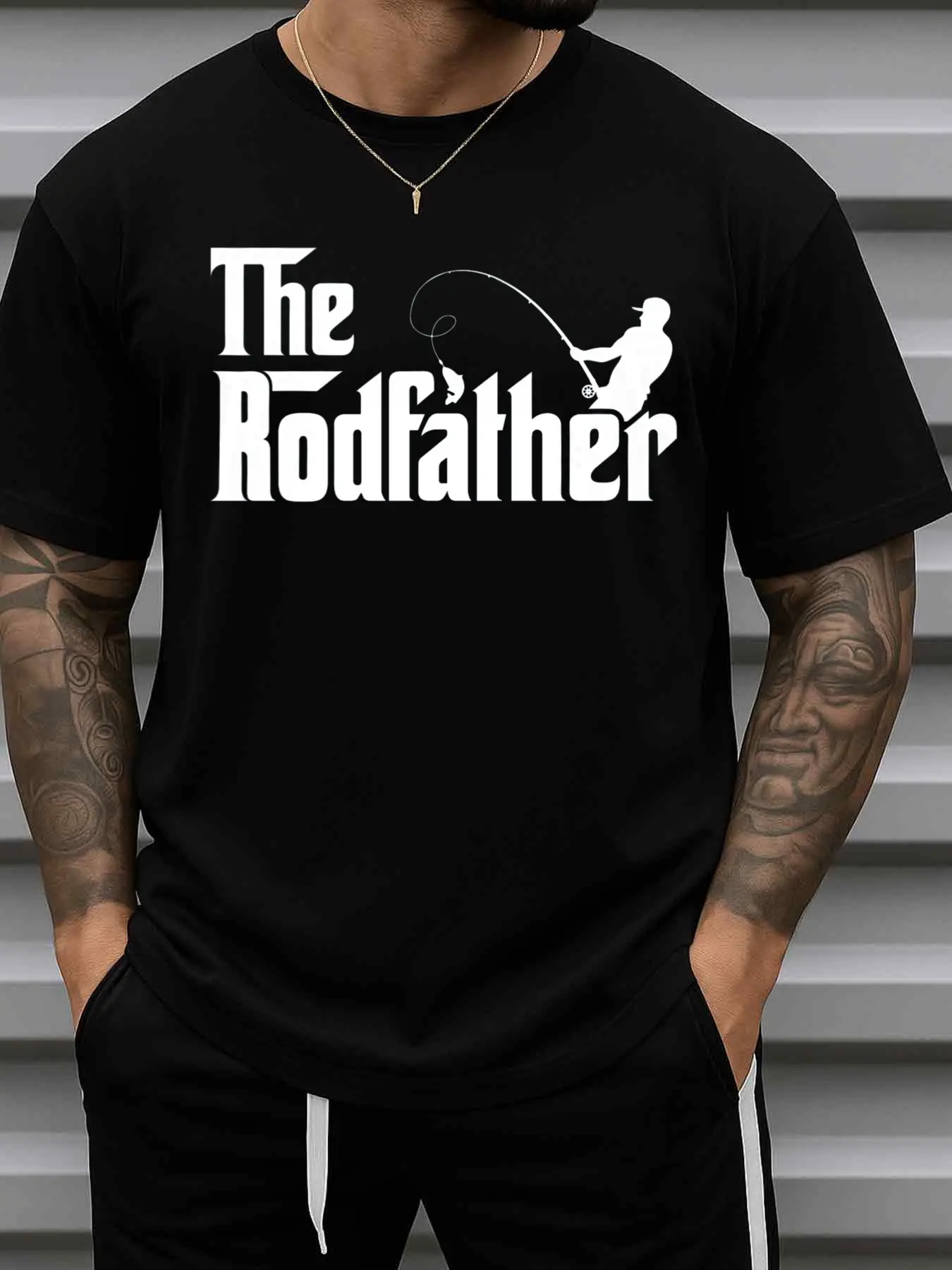 Men's Funny Fishing Rodfather T-Shirt - Heavyweight Cotton Tee with Fishing Rod & Fish Graphic, Round Neck Short Sleeve Suitable for Anglers, Ideal Gift for Dad, Husband, Grandpa - All-Season Casual Wear for Trips & Everyday Use
