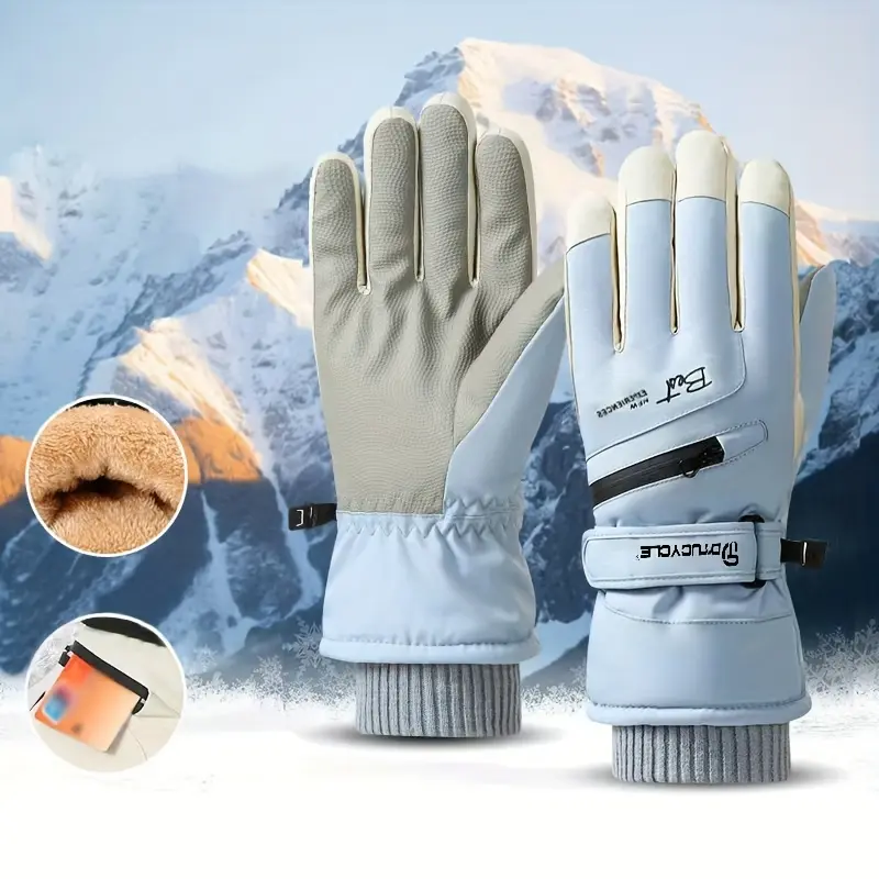 Unisex Full Finger Thermal Fabric Winter Gloves - Windproof, Touchscreen Tips, Reinforced Palm, Zippered Pockets, Wrist Straps for Skiing, Snowboarding