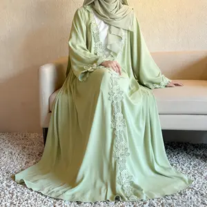 CL76 Light Green Open Abaya with Floral Lace Trim – Elegant Modest Muslim Women’s Long Cardigan Dress for Eid, Ramadan & Daily Wear