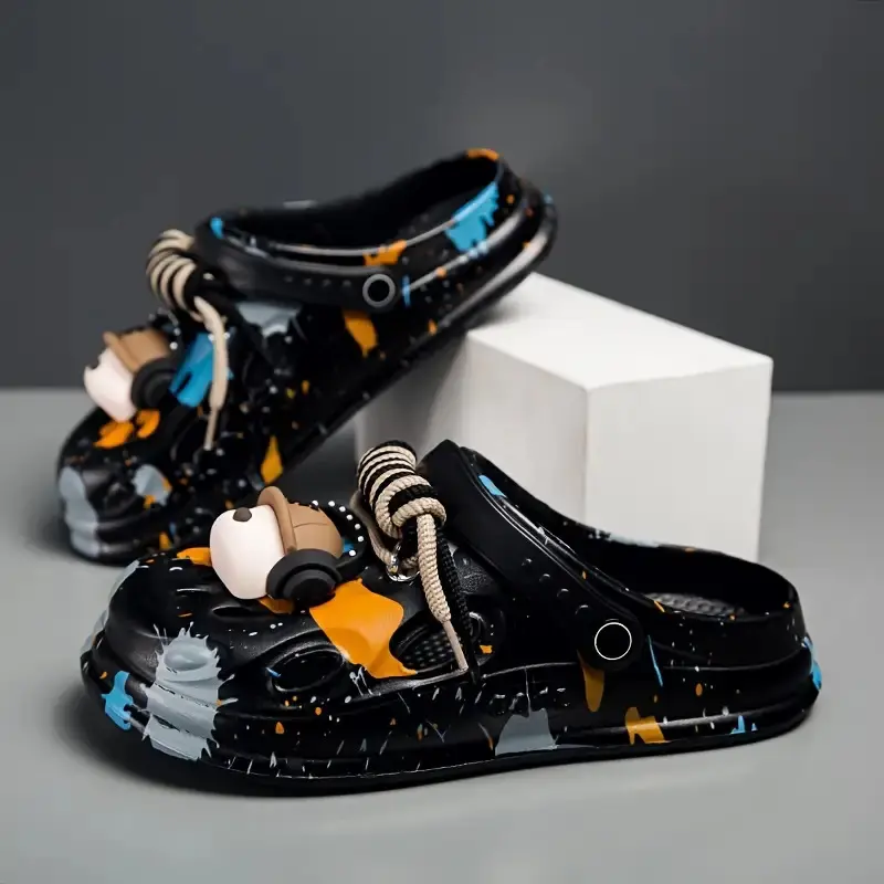 JuBang Men's Slip-On Clogs - Thick EVA Sole, Open-Toe Slippers, Soft, Durable Footwear, Graphic Hawaiian Fashion Cartoon Design, Outdoor-Resistant Walking Shoes, US 6.5