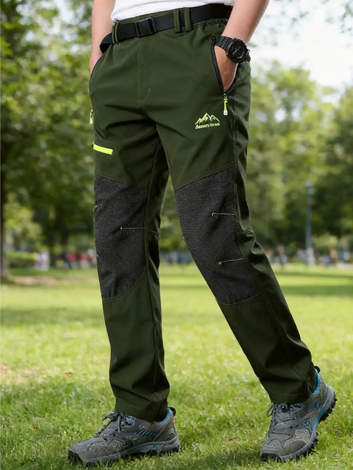 Men's Quick Dry Hiking Pants with Knee Patches Adjustable Waist Zipper Pockets Breathable Fabric Mountain Embroidery Fashion for Outdoor Adventures