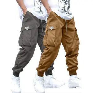 Men's plus-size cargo pants, solid color, with drawstring waist, casual pants with elastic waistband and flap pockets for everyday wear, plus-size streetwear pants for all seasons, comfortable casual pants, fashionable casual pants.
