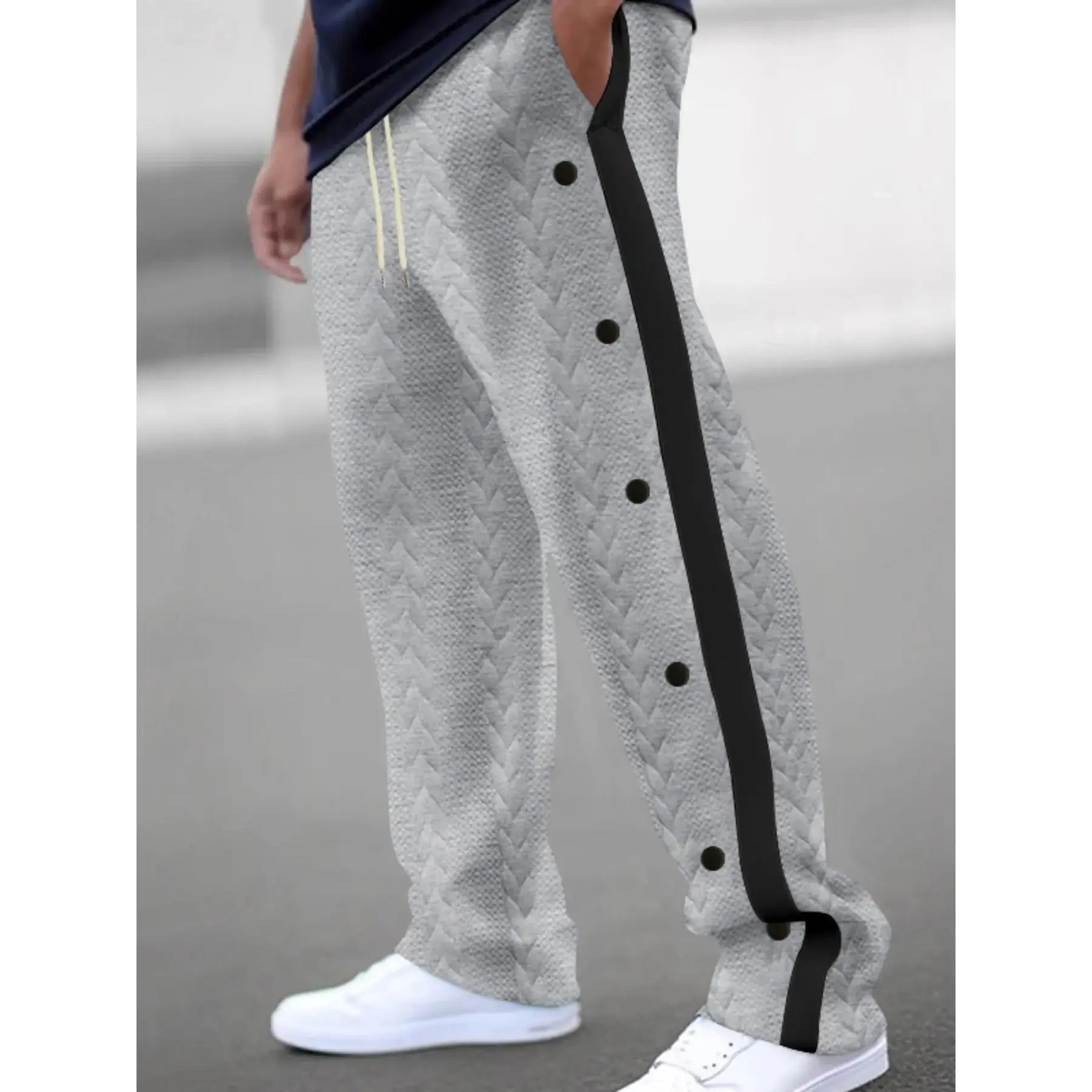 YYW1 Men's Sporty Chic Color-Block Side-Stripe Textured Joggers, Adjustable Drawstring Waist, Button Detail, Customizable Casual Pants for Daily Wear & Fitness