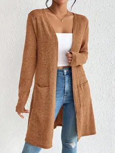 Women's Rust Brown Knit Cardigan - Regular Fit Long Sleeve Open Front with Pockets Casual Knitwear for Spring Fall