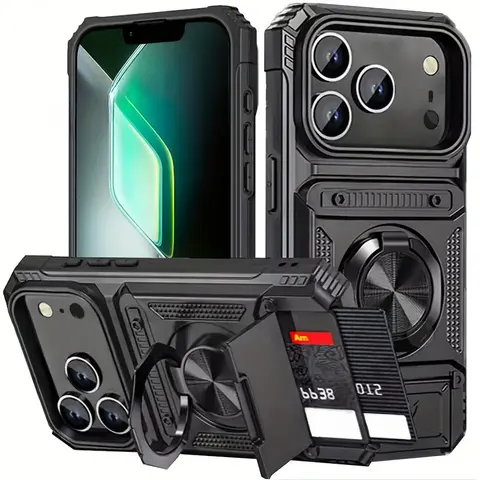 Magnetic Polycarbonate (PC+TPU+Metal) Smartphone Cover, Hard Phone Cover with Magnetic Rotary Ring Mount, Stable Stand, Drop Protection, Shockproof Casing, Cash Wallet for iPhone 13-17 Pro Max, 16 Handheld Devices, Mobile Phone Accessories