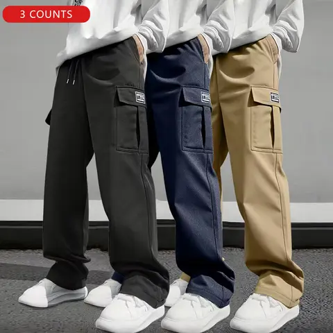Men's Fitted 3-Piece Plain Utility Army Cargo Pants Set - Casual Multi-Pocket Outdoor Work Trousers, Comfortable Stylish for Everyday Wear & Sports Fitness, Machine Washable
