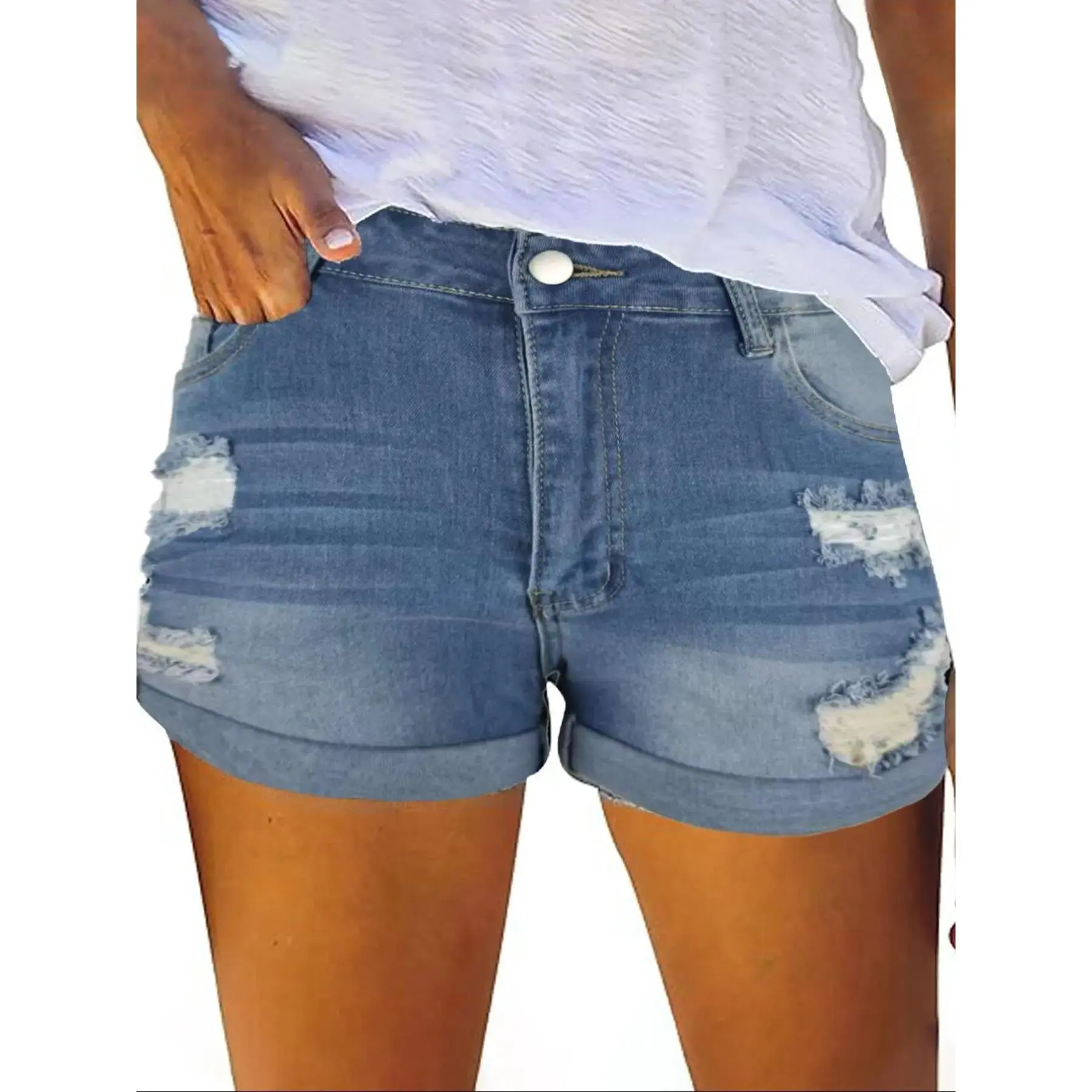 Chic Fitted Bottoms Waist Stretch Denim Shorts, Casual Design with Pockets, All-Season Comfortable Jeans Short Pants, Bottom, OOTD, Statement, Versatile, Nightlife, Special Occasion, Lookbook Style, EssentialWardrobe