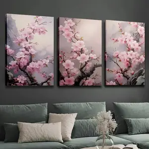 Wooden Framed Pink Cherry Blossom Landscape Wall Art, Floral Aesthetic Home Decor, HD Printed Flower Canvas Painting, Stylish Room Mural Decoration, Ideal Gift For Living Room, Bedroom, Dining Room & Office