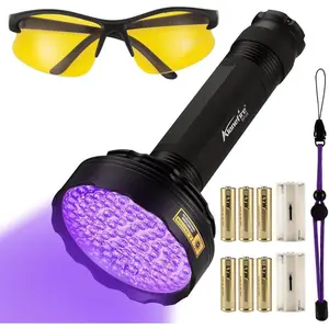 SV128 395nm UV Flashlight 128 LEDs Lamp Ultraviolet Black Light for Pet Urine Detection, Scorpion Detection, Dry Stain, Bedroom, Fishing with UV Protective Glasses, 6PCS AA Battery