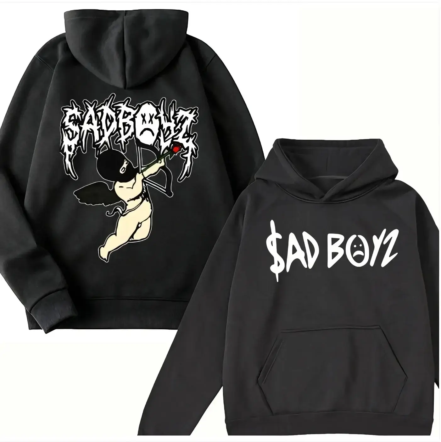🎵 🎤 Sad Boyz Hoodie Graphic – Angel Streetwear Pullover Sweatshirt, Double-Sided Design, Edgy Aesthetic for Men & Women, Trendy Unisex Casual Hoodie