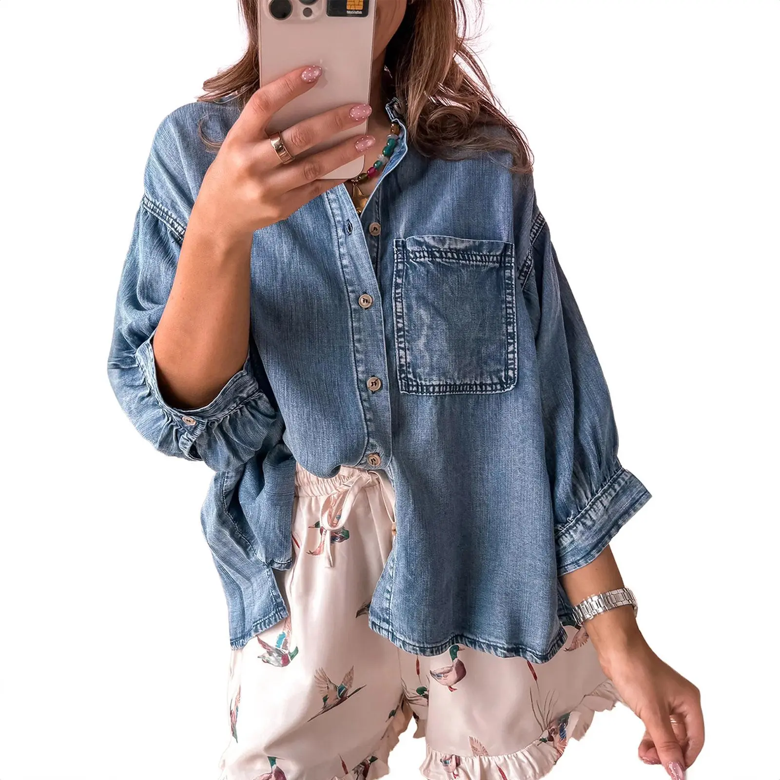 Women's Loose Fit Denim Blouse Shirt Three Quarter Sleeve Button Down Casual Jean Blouses with Chest Pocket Spring Fall Fashion Top for Everyday Wear Womenswear
