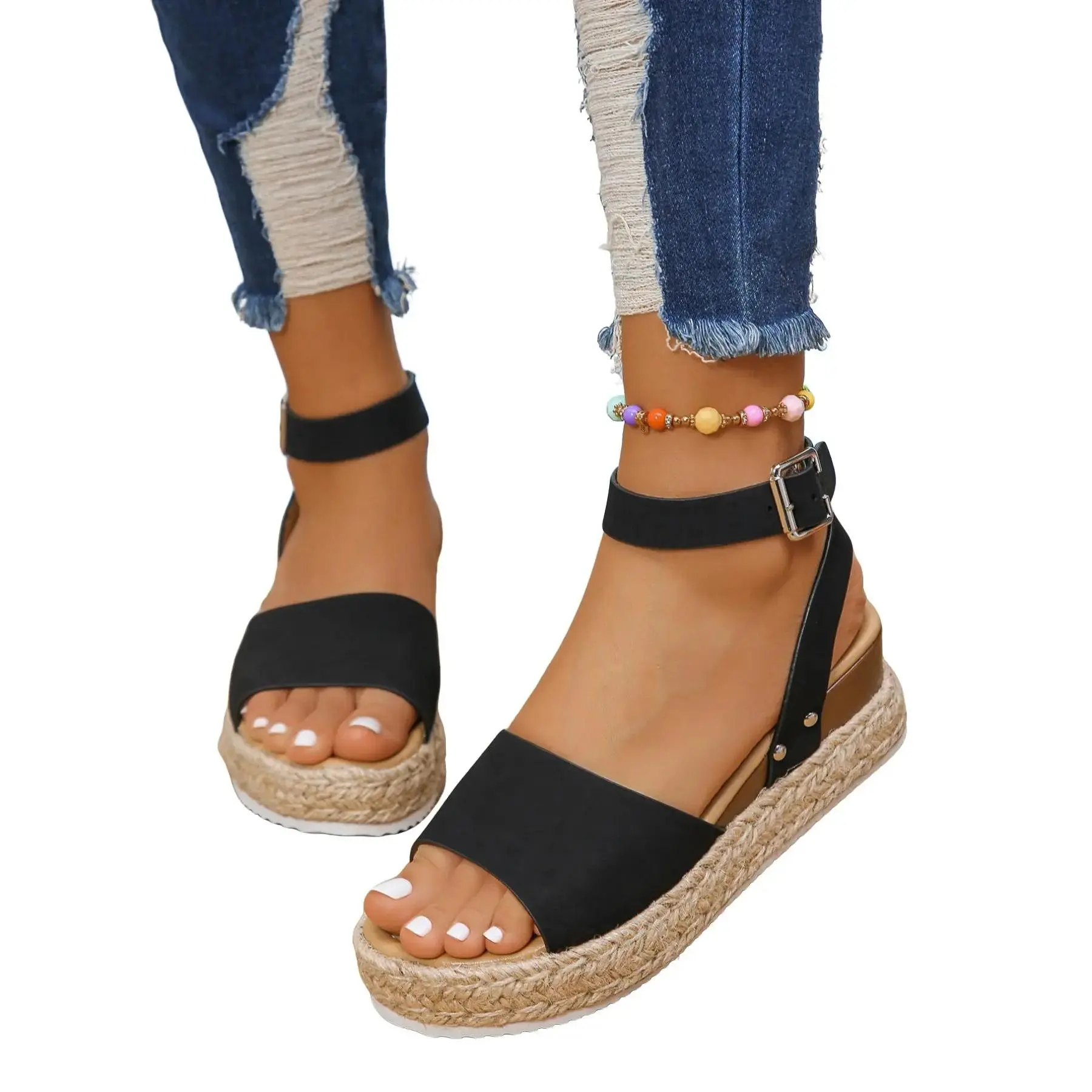Jute Rope Thick Sole Wedge Sandals, Strap Open Toe Platform Shoes, Vintage Straw Woven Vacation Style, Espadrilles Platform Sandals, Decorated Sandals, Casual Sandals