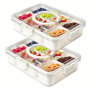 2pcs Stackable Transparent Snack Boxes with Handle and Lids for Food Serving Ideal for Kitchen Storage with 8 Small Removable Boxes for Fruit Veggie Charcuterie Candy Nuts Spice Multi-Purpose Meal Container