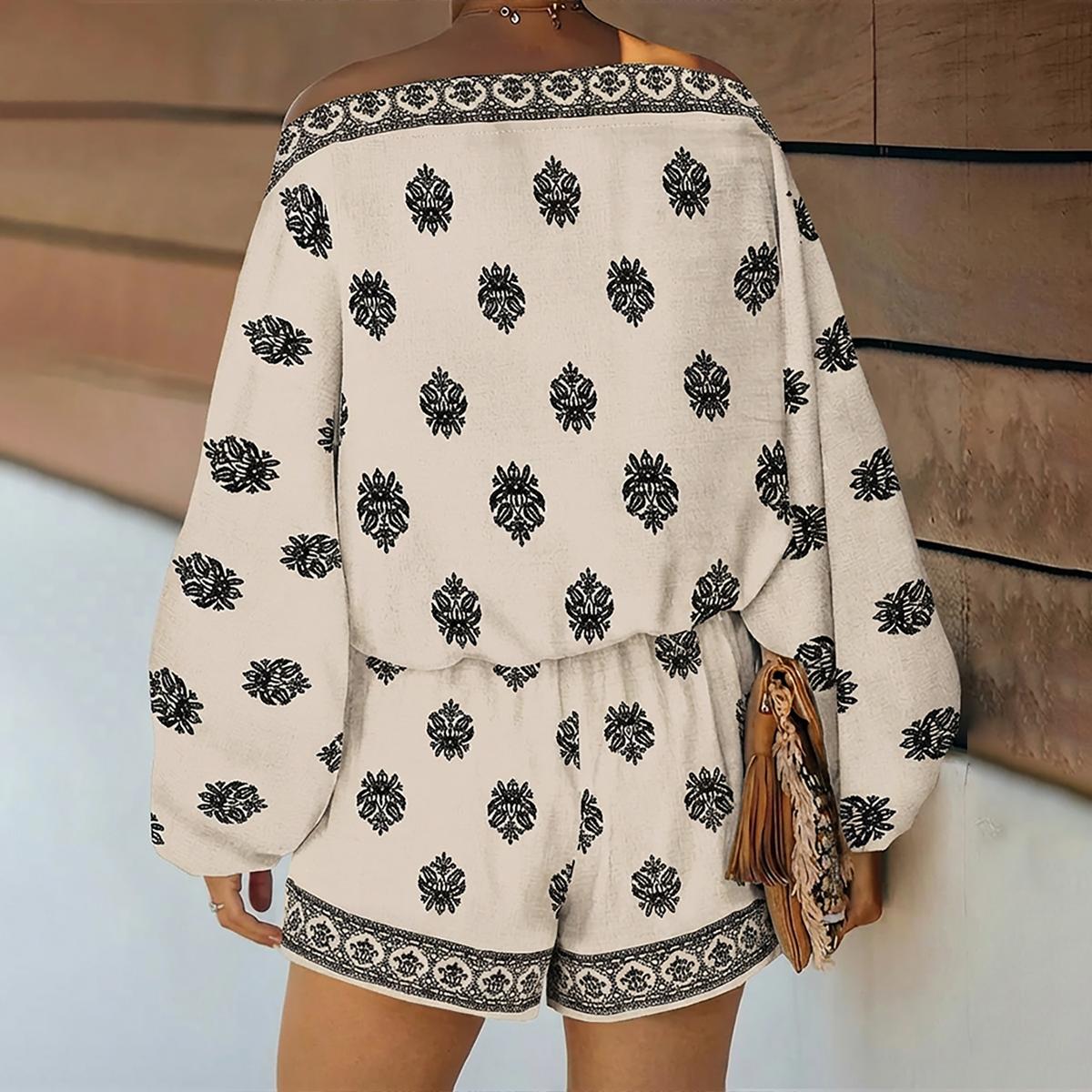 ChicMe Women's St. Patrick's Day Boho 2 Piece Set Skew Neck Lantern Sleeve Top & Elastic Waist Shorts Outfits Casual Vintage Baroque Print Vacation Set