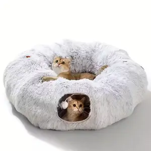 4 Seasons Plush Cat Tunnel Bed – Foldable Pet Nest, Warm Washable Cat Cave & Play Channel, Dog Kennel Toy