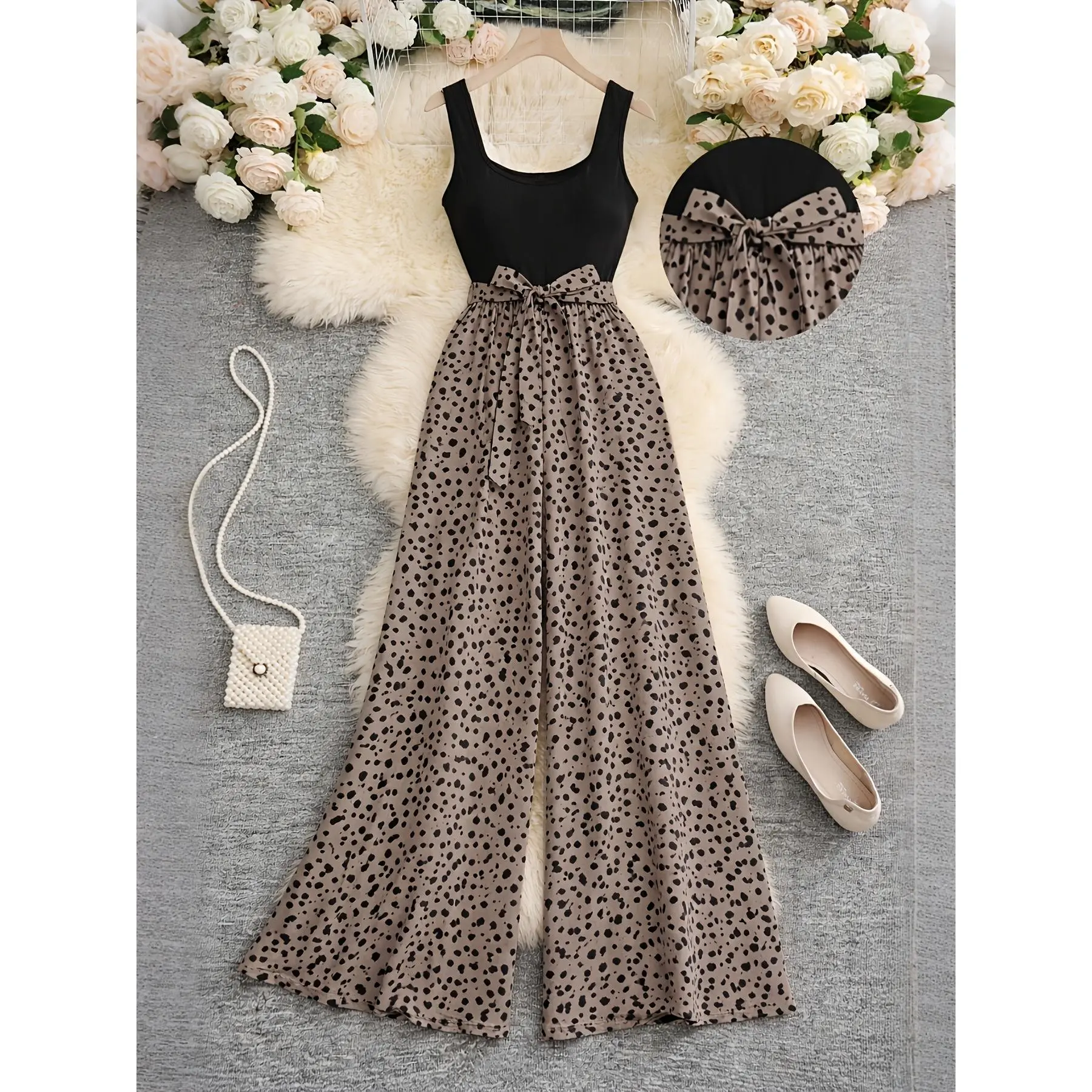 Women's leopard print wide-leg jumpsuit, sleeveless tank-style high-waisted tie-up jumpsuit, casual loose-fitting one-piece outfit, elegant spotted pattern 2026 spring-summer new one-piece pantsuit