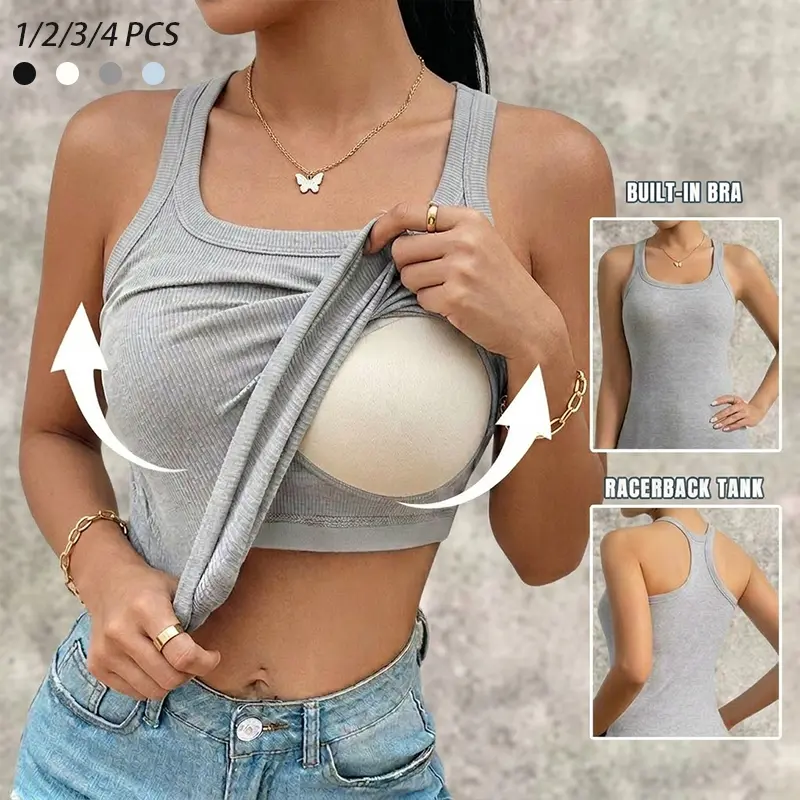 Women's Built in BraTank Top I Racerback Cropped Camisole withRemovable Pads | Wireless SupportiveWorkout Yoga Top I Stretchy Athletic BasicsBodyshaper Sleeveless TeeI ComfortableSummer Essential Bra Cami for Everyday
