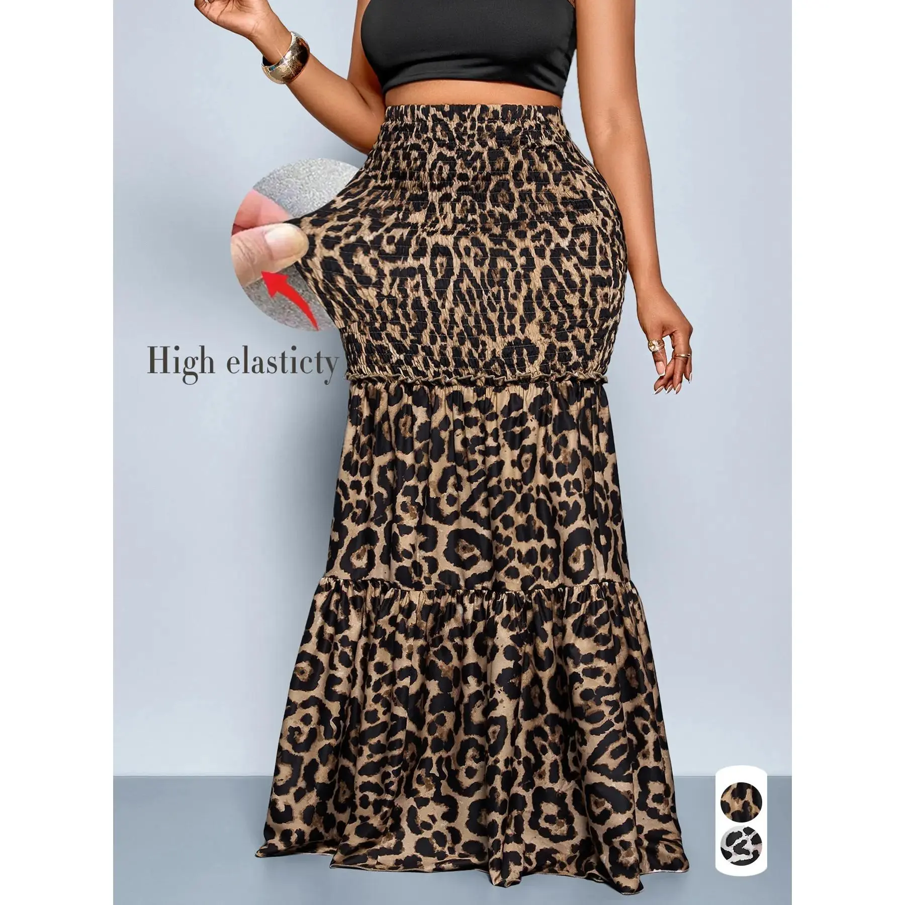 Plus Size Women's Fashion Elegant Leopard Print High Waist Long Skirt, Leopard Printed Skirt, Fitted Woven Fabric, Modest Style Bottom for Fall, Womenswear