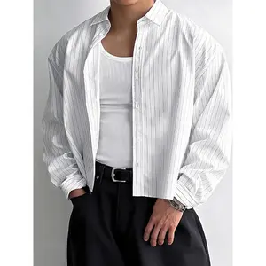 Men's Striped Long Sleeve Cropped Shirt Button-Down Stretchy Casual Comfortable Collared Shirt for Daily Wear All-Season Men's Clothing Streetwear